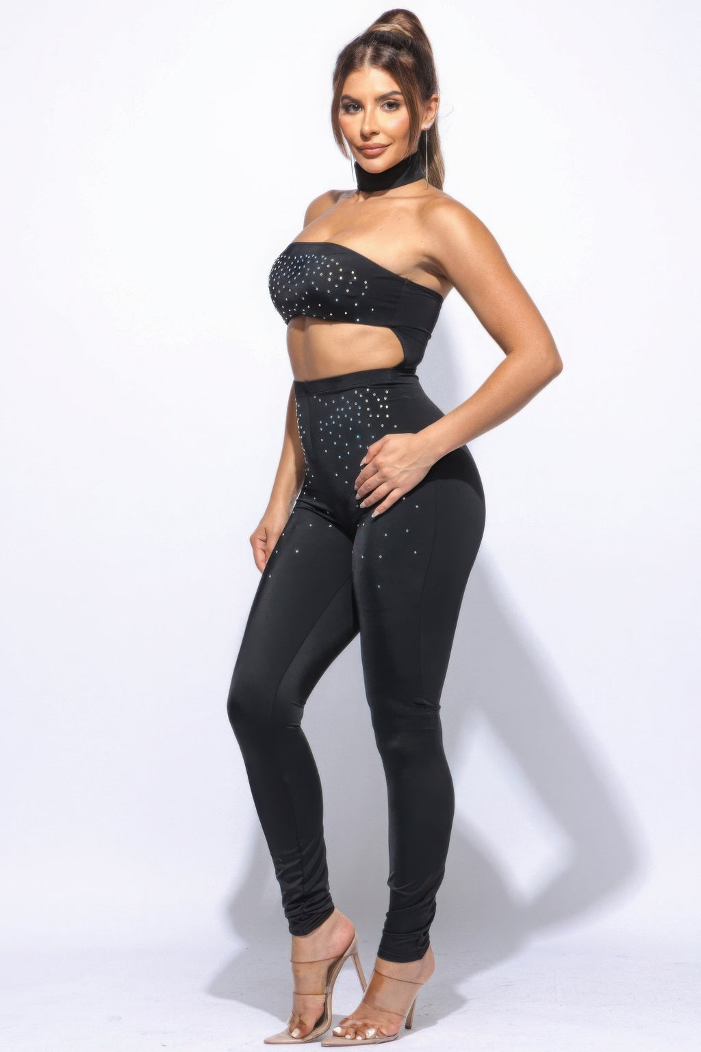 Chocker Tube Jumpsuit: strapless tube top, rhinestone speckle, fitted leggings