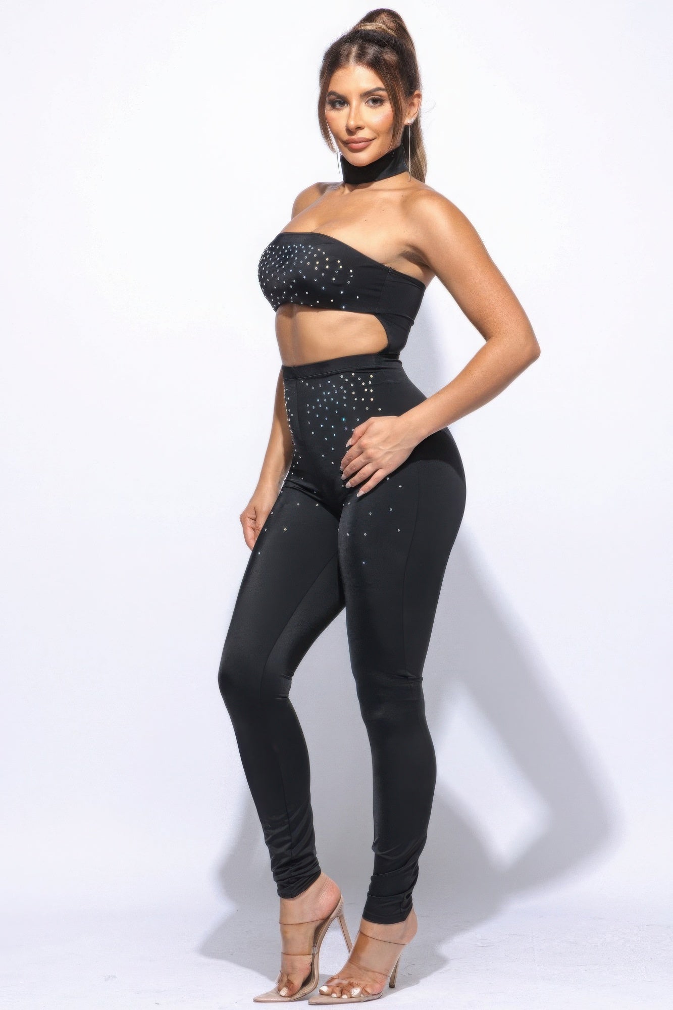 Chocker Tube Jumpsuit: strapless tube top, rhinestone speckle, fitted leggings