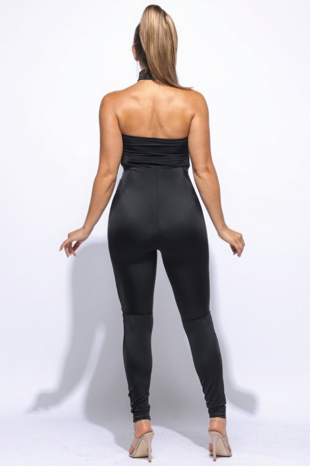 Chocker Tube Jumpsuit back view: black strapless tube, ruched waist, fitted legs