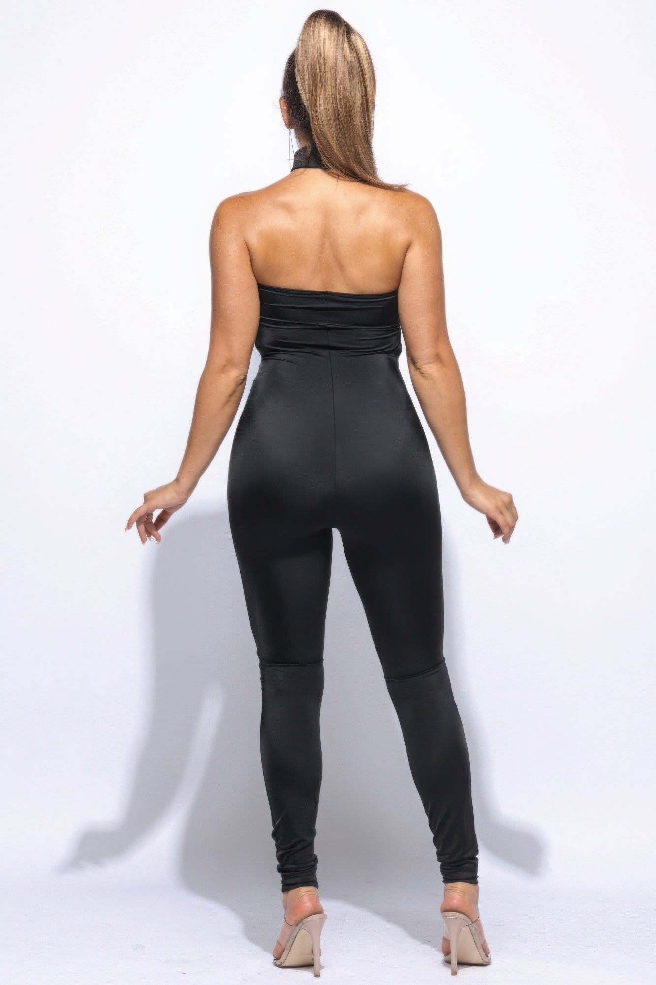Chocker Tube Jumpsuit back view: black strapless tube, ruched waist, fitted legs
