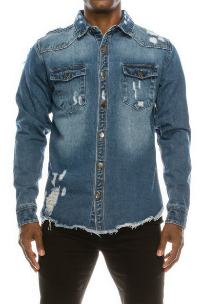 Men's Ripped Blue Denim Overshirt - Tigbul's Variety Fashion Shop