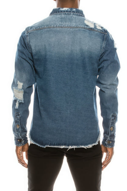 Men's Ripped Blue Denim Overshirt - Tigbul's Variety Fashion Shop