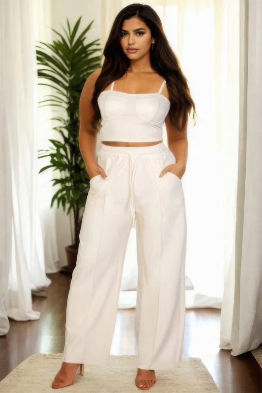 White Plus Bustier Crop Cami Top & Slant Pocket Straight Pants - Tigbul's Variety Fashion Shop