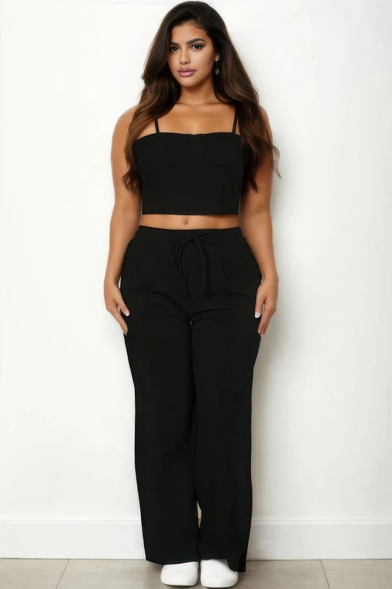 Black Plus Bustier Crop Cami Top & Slant Pocket Straight Pants - Tigbul's Variety Fashion Shop