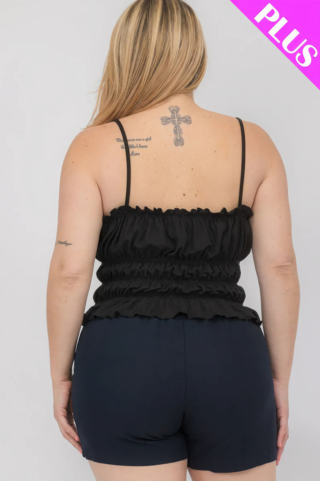 Black tiered shirred body crop top, open back and smocked bodice with ruffled peplum