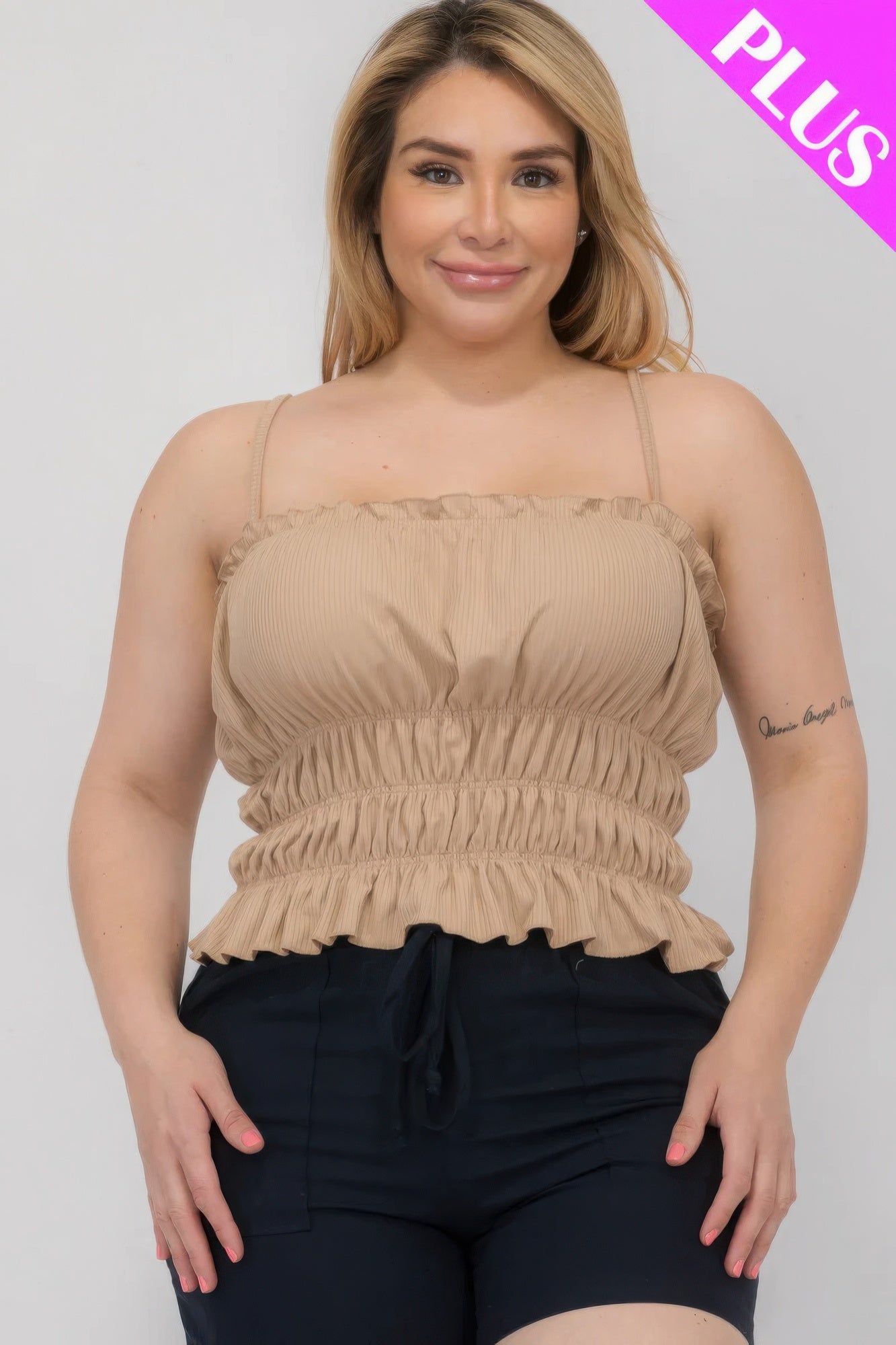 Latte tiered shirred body crop top with ruffled peplum hem and spaghetti straps