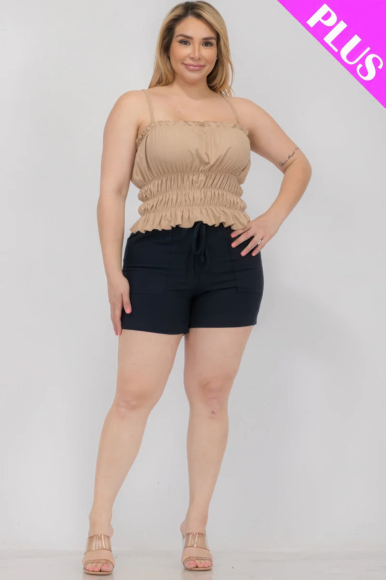 Latte tiered shirred body crop top, ruched bust and peplum hem, spaghetti straps