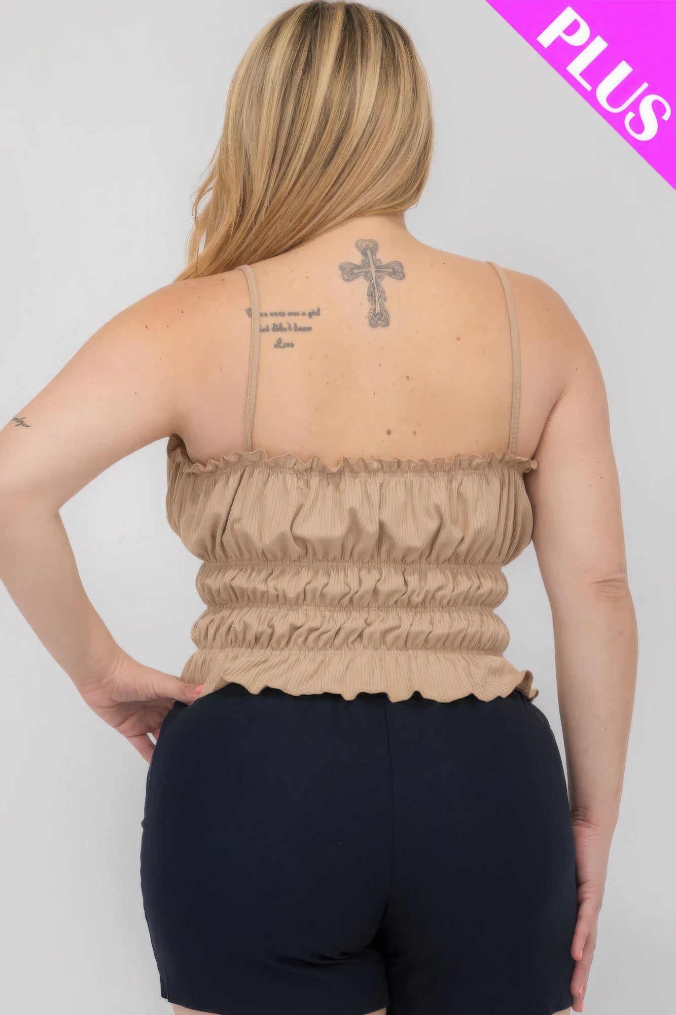 Latte tiered shirred body crop top, open back with spaghetti straps and ruffled peplum