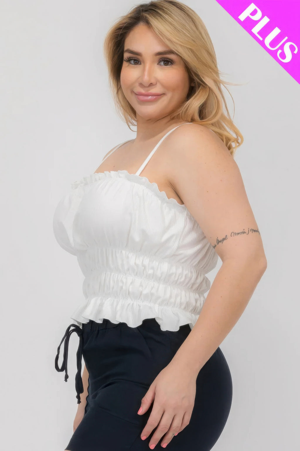 White ruched tiered crop top with smocked bodice and spaghetti straps