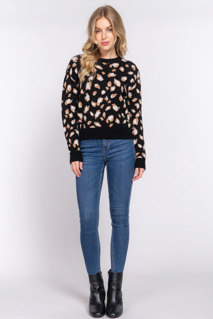 Long Slv Animal Jacquard Sweater - Tigbul's Variety Fashion Shop