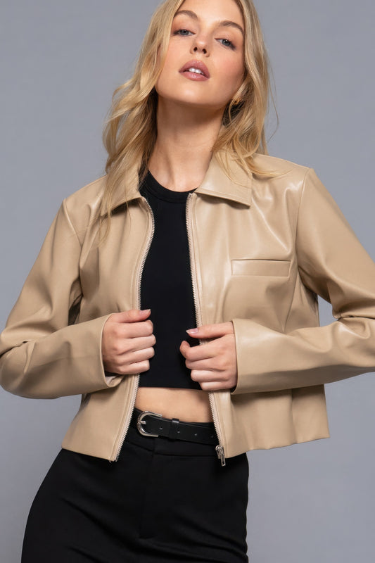 Taupe Color Long sleeve shirt collar faux leather jacket - Tigbul's Variety Fashion Shop