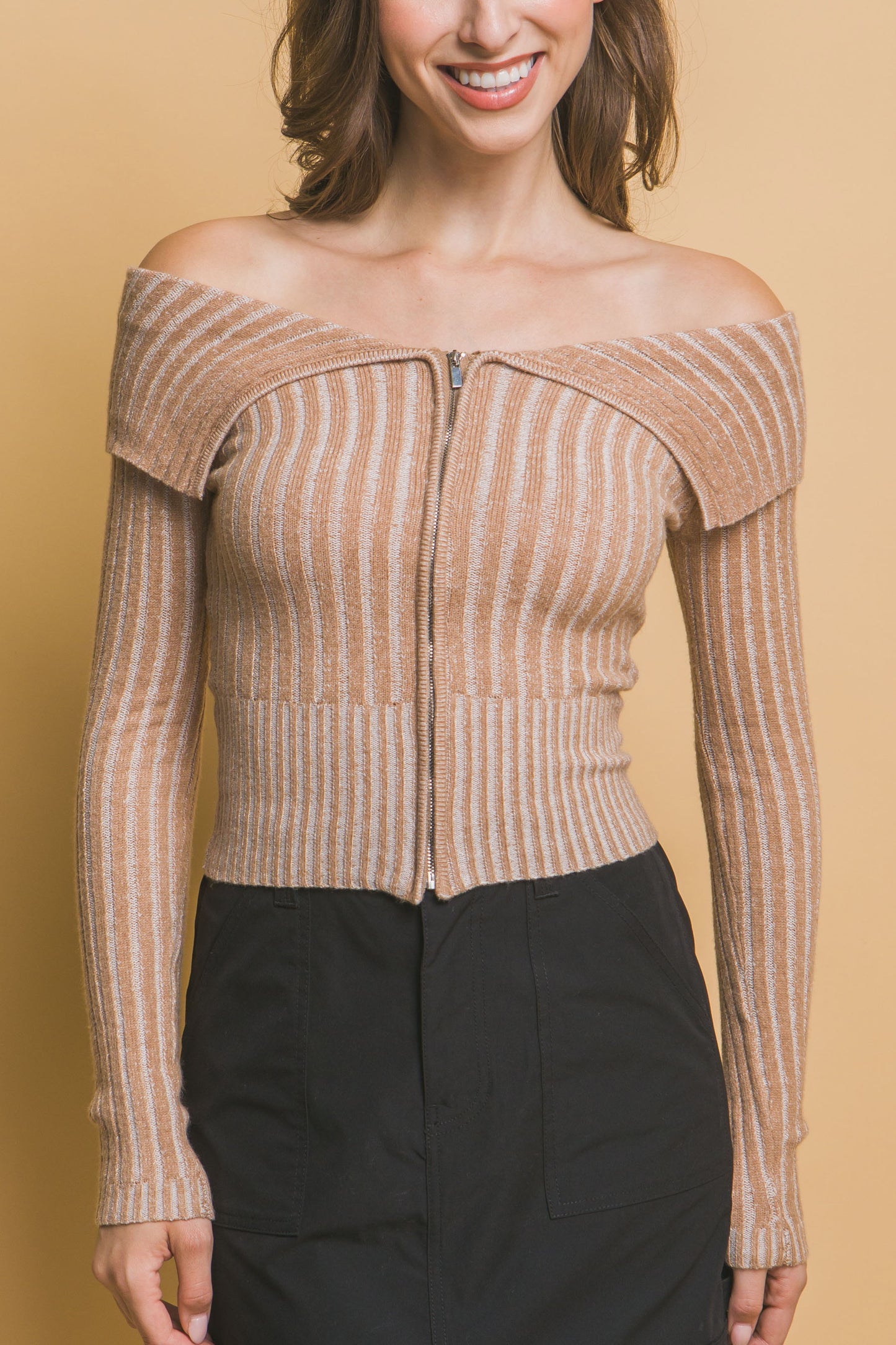 Ribbed bardot zip up long sleeve - Tigbul's Variety Fashion Shop