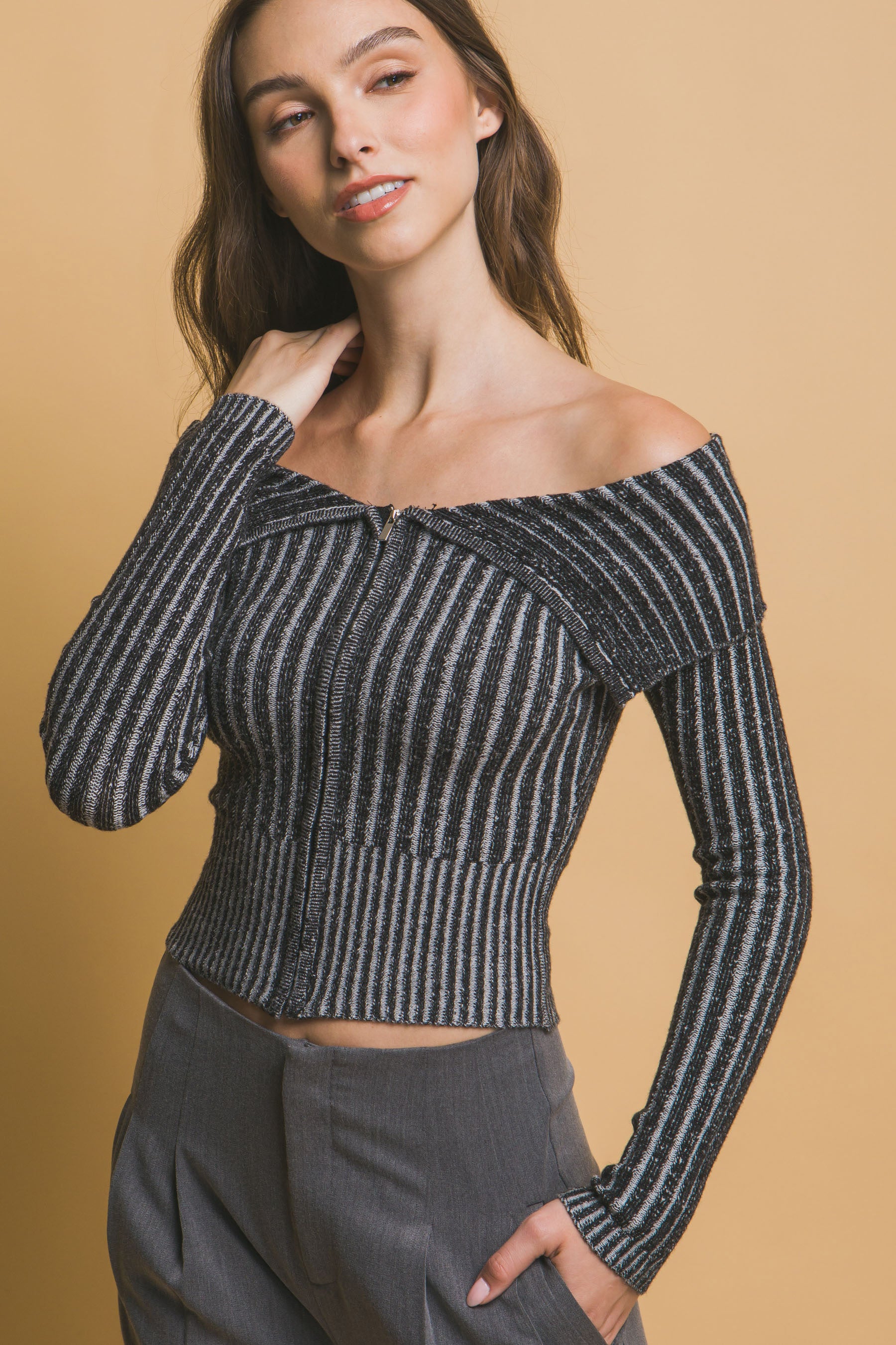 Ribbed bardot zip up long sleeve - Tigbul's Variety Fashion Shop