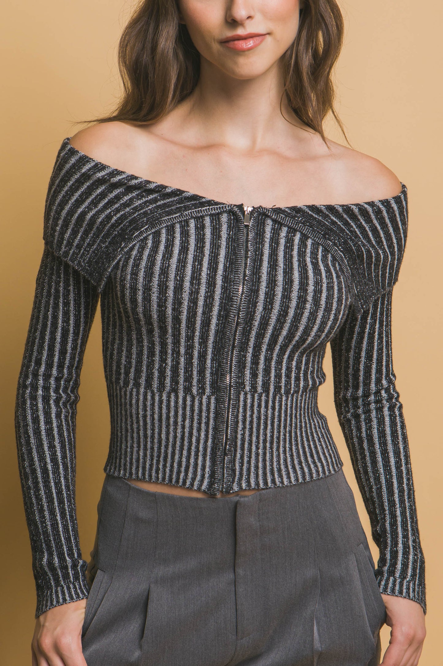 Ribbed bardot zip up long sleeve - Tigbul's Variety Fashion Shop