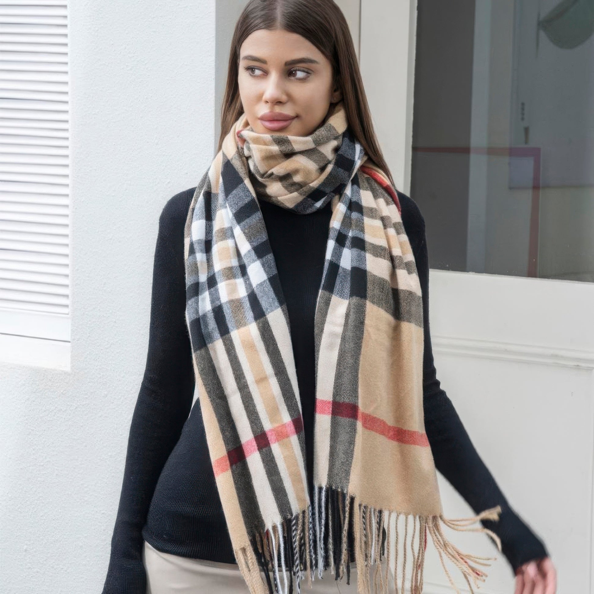 Plaid blanket scarf with tassel - Tigbul's Variety Fashion Shop