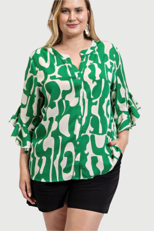 Green Geometric print ruffled bell sleeve woven top - Tigbul's Variety Fashion Shop