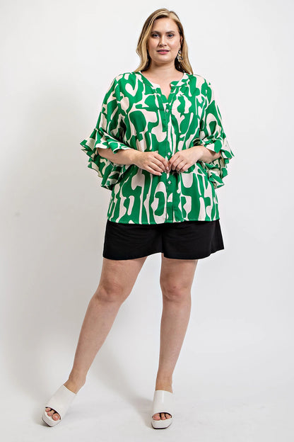 Green Geometric print ruffled bell sleeve woven top - Tigbul's Variety Fashion Shop