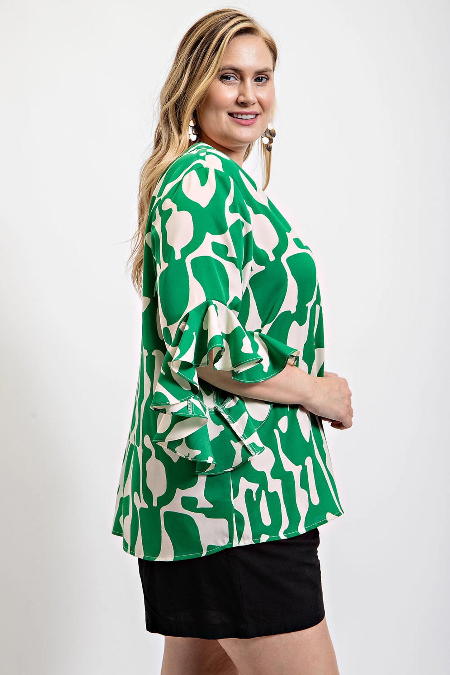 Green Geometric print ruffled bell sleeve woven top - Tigbul's Variety Fashion Shop