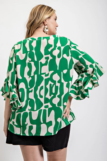 Green Geometric print ruffled bell sleeve woven top - Tigbul's Variety Fashion Shop