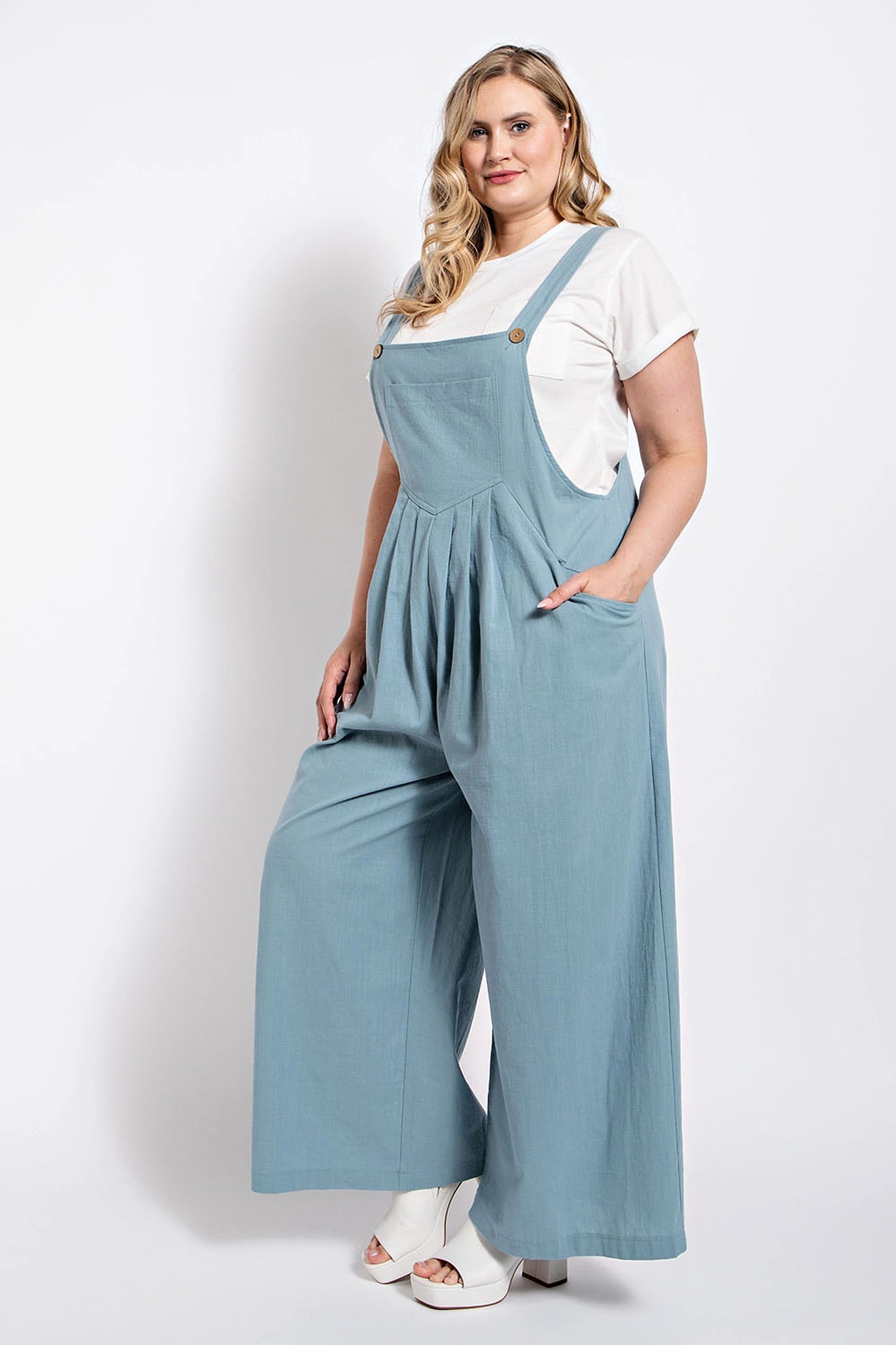 Light Blue Pintuck detail overall with side pockets - Tigbul's Variety Fashion Shop