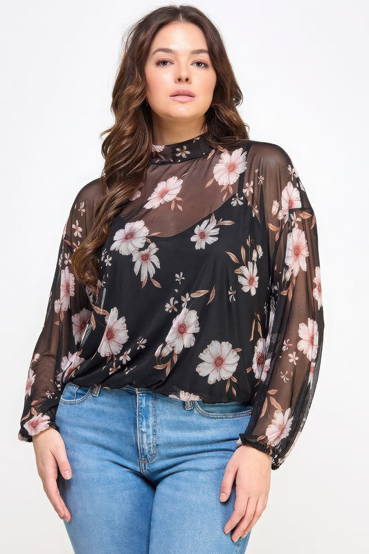 Mesh Floral Ls Top W/cami - Tigbul's Variety Fashion Shop