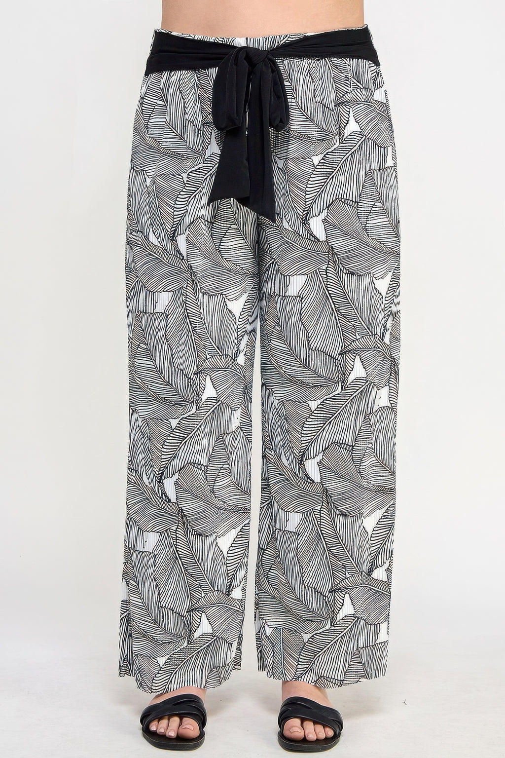 Plisse palm print pants, black elastic waistband with tie, wide-leg striped leaf pattern