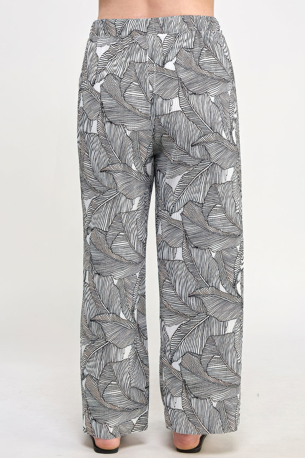 Plisse palm print pants, wide-leg fit, gray-and-black leaf print, drawstring waist