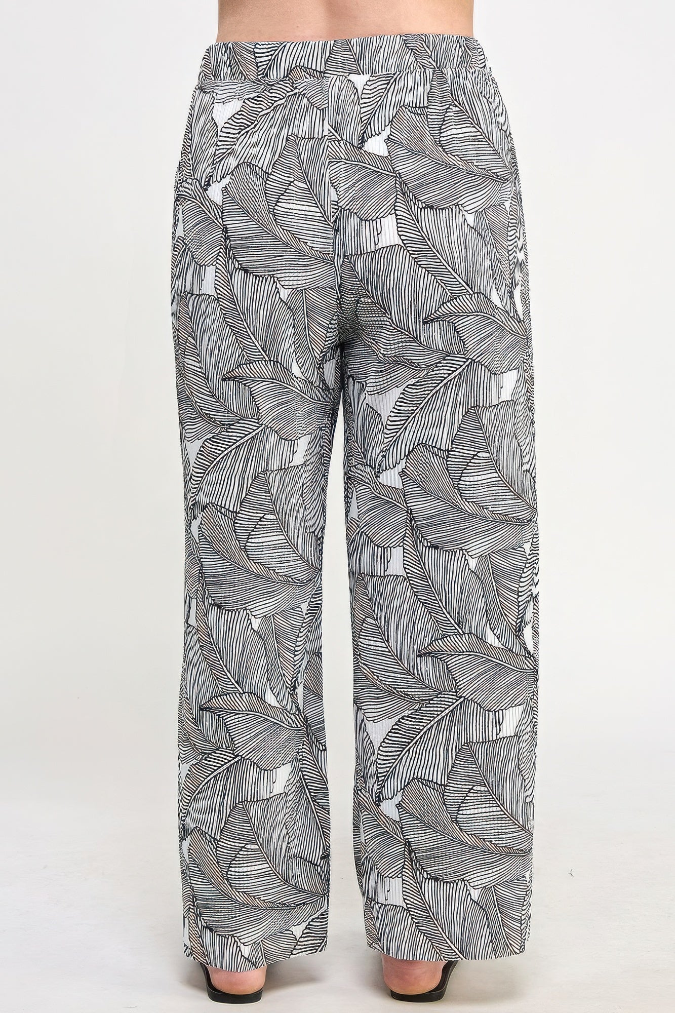 Plisse palm print pants, wide-leg fit, gray-and-black leaf print, drawstring waist