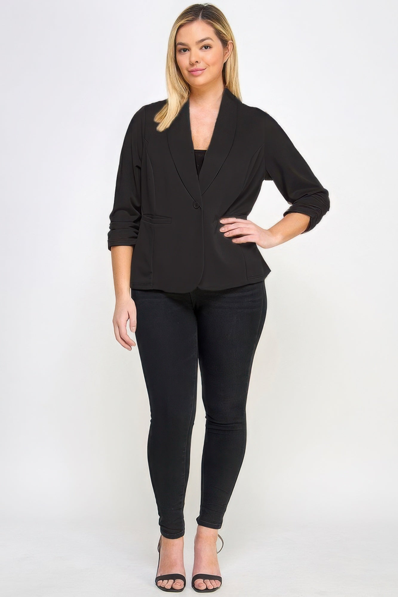 Black techno scuba blazer, 3/4 sleeves, front pockets and fitted drape
