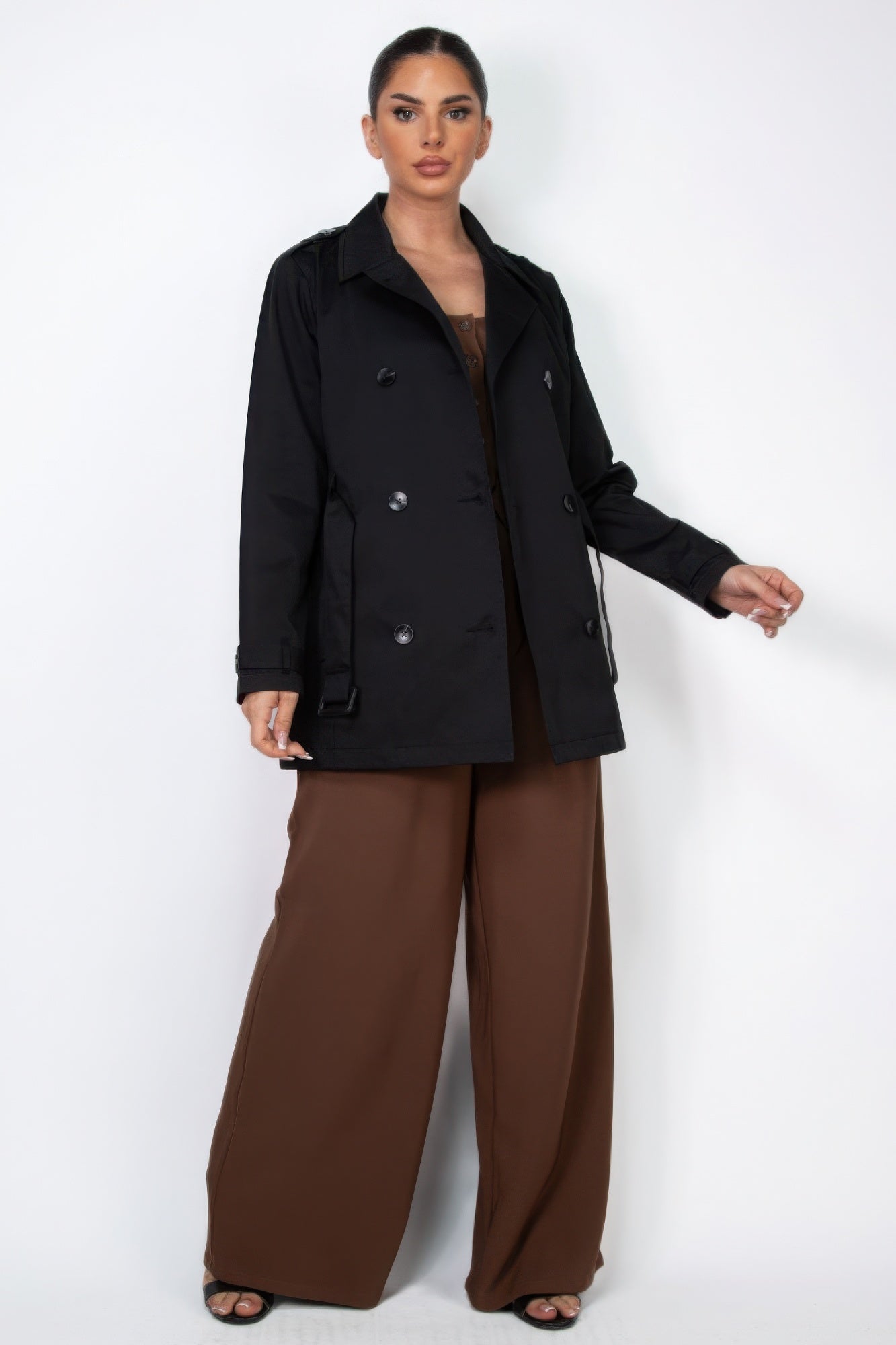 Double-breasted Notch Belted Coat - Tigbul's Variety Fashion Shop