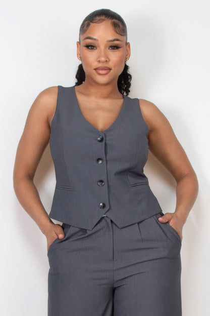 Buttoned Solid V-neck Vest Top - Tigbul's Variety Fashion Shop