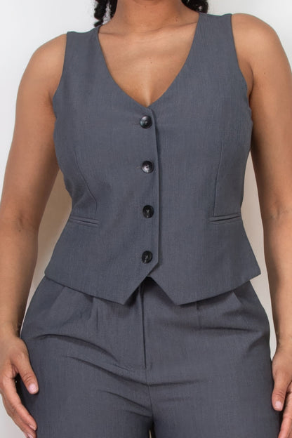 Buttoned Solid V-neck Vest Top - Tigbul's Variety Fashion Shop