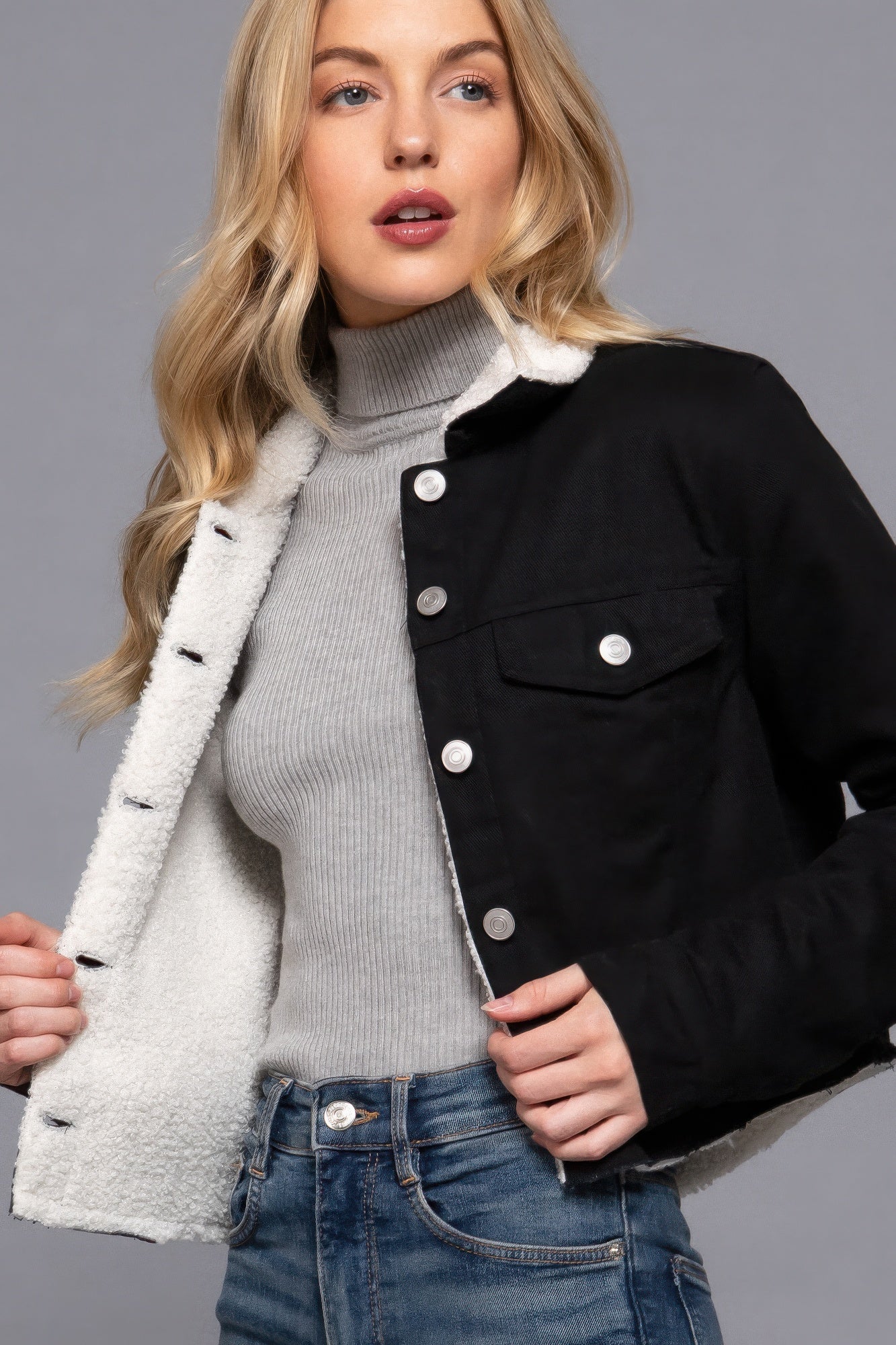 Button Closure Sherpa-lined Twill Jacket - Tigbul's Variety Fashion Shop