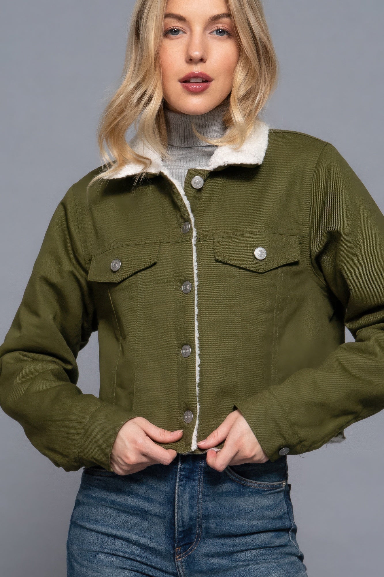 Button Closure Sherpa-lined Twill Jacket - Tigbul's Variety Fashion Shop