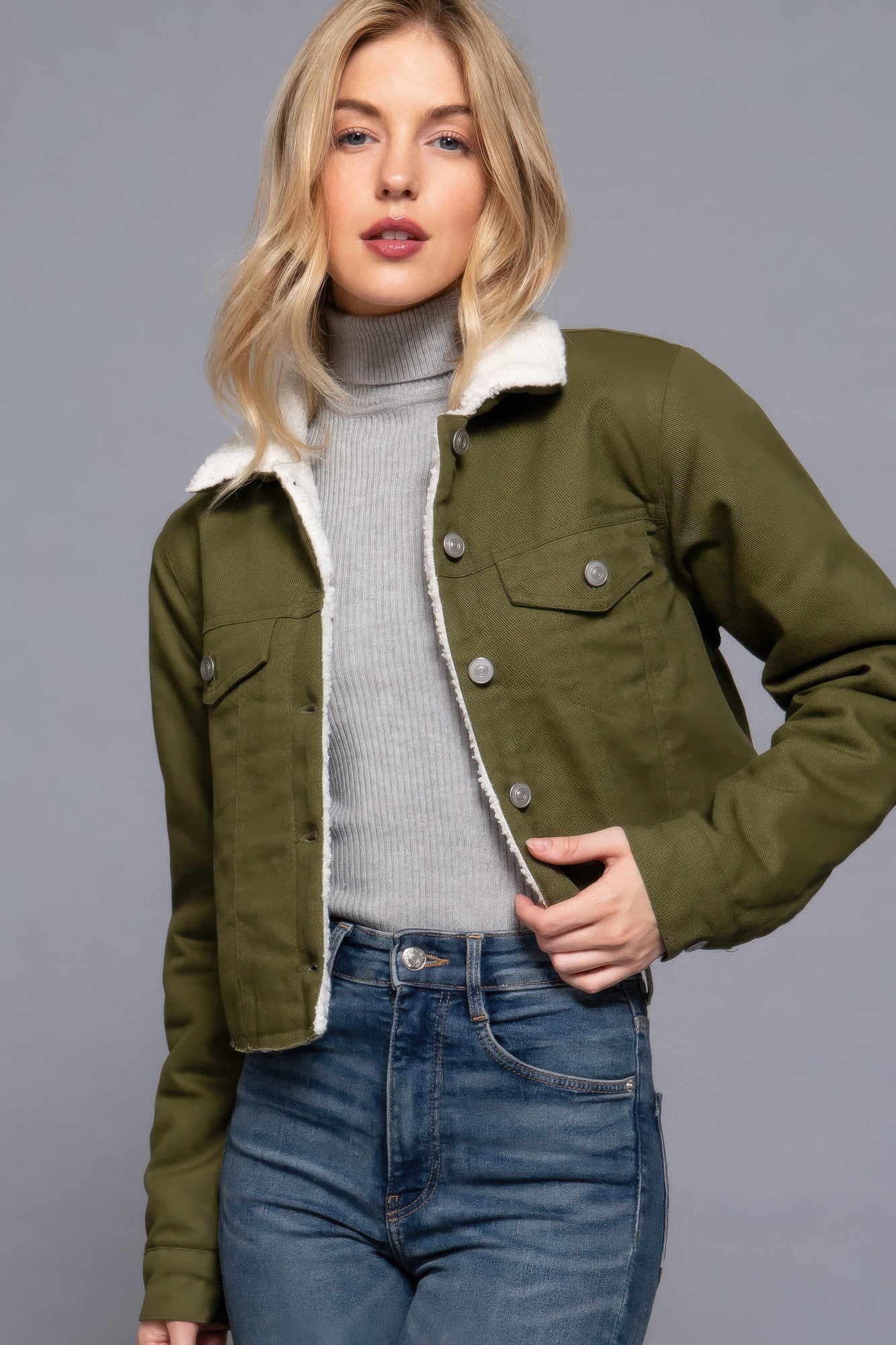 Button Closure Sherpa-lined Twill Jacket - Tigbul's Variety Fashion Shop