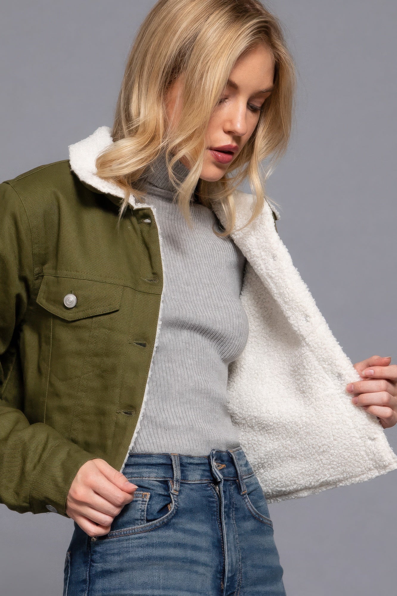 Button Closure Sherpa-lined Twill Jacket - Tigbul's Variety Fashion Shop