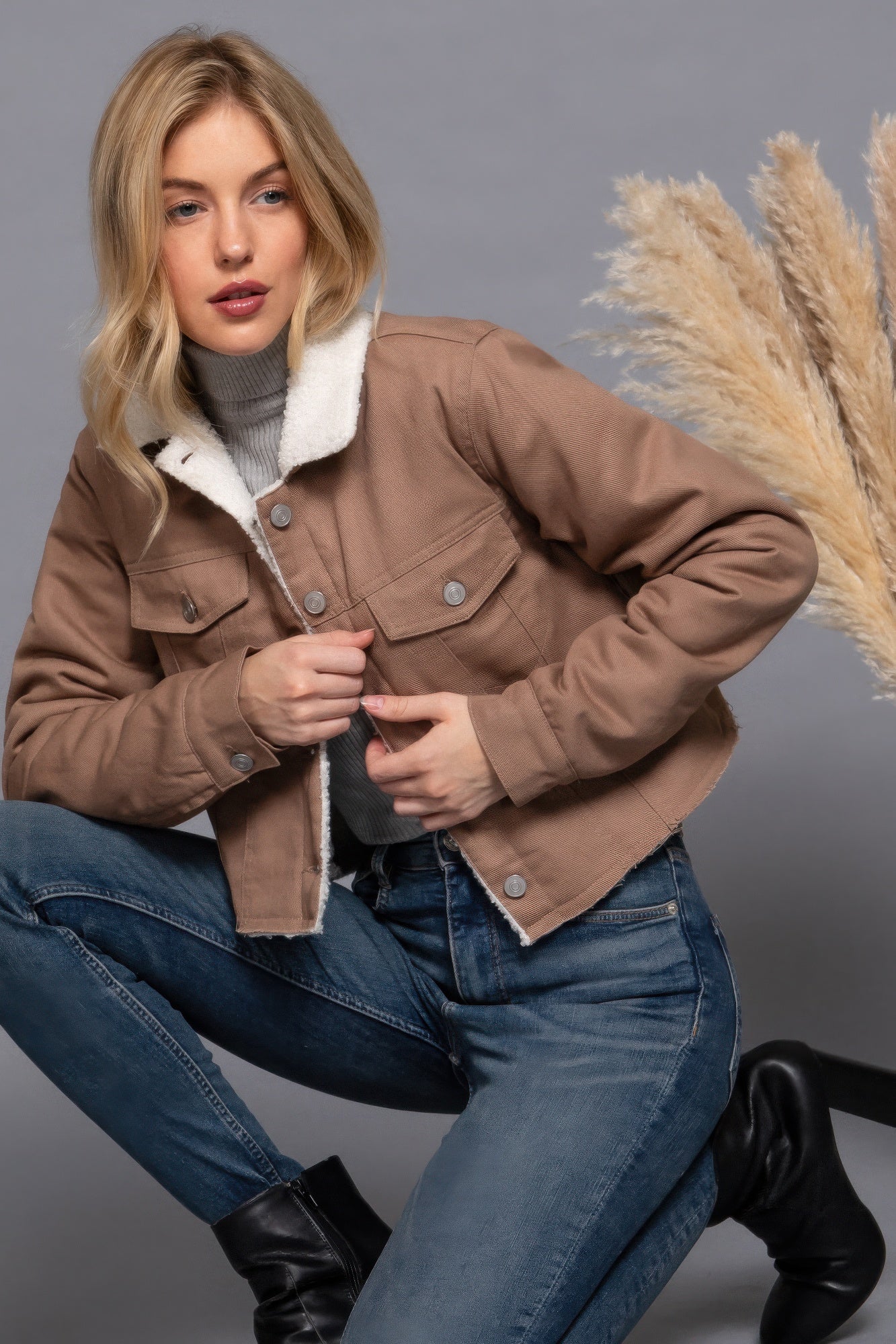 Button Closure Sherpa-lined Twill Jacket - Tigbul's Variety Fashion Shop