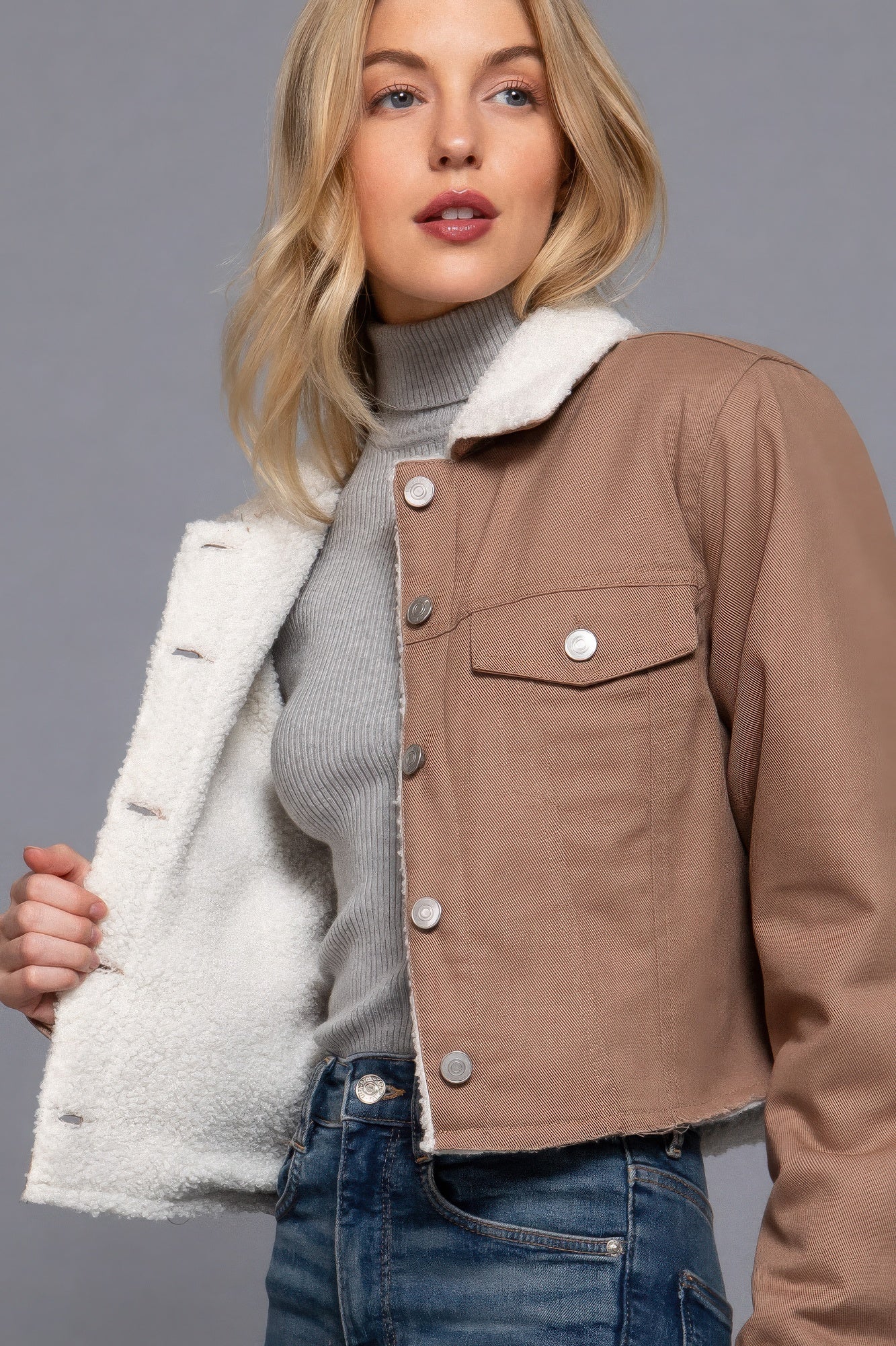 Button Closure Sherpa-lined Twill Jacket - Tigbul's Variety Fashion Shop