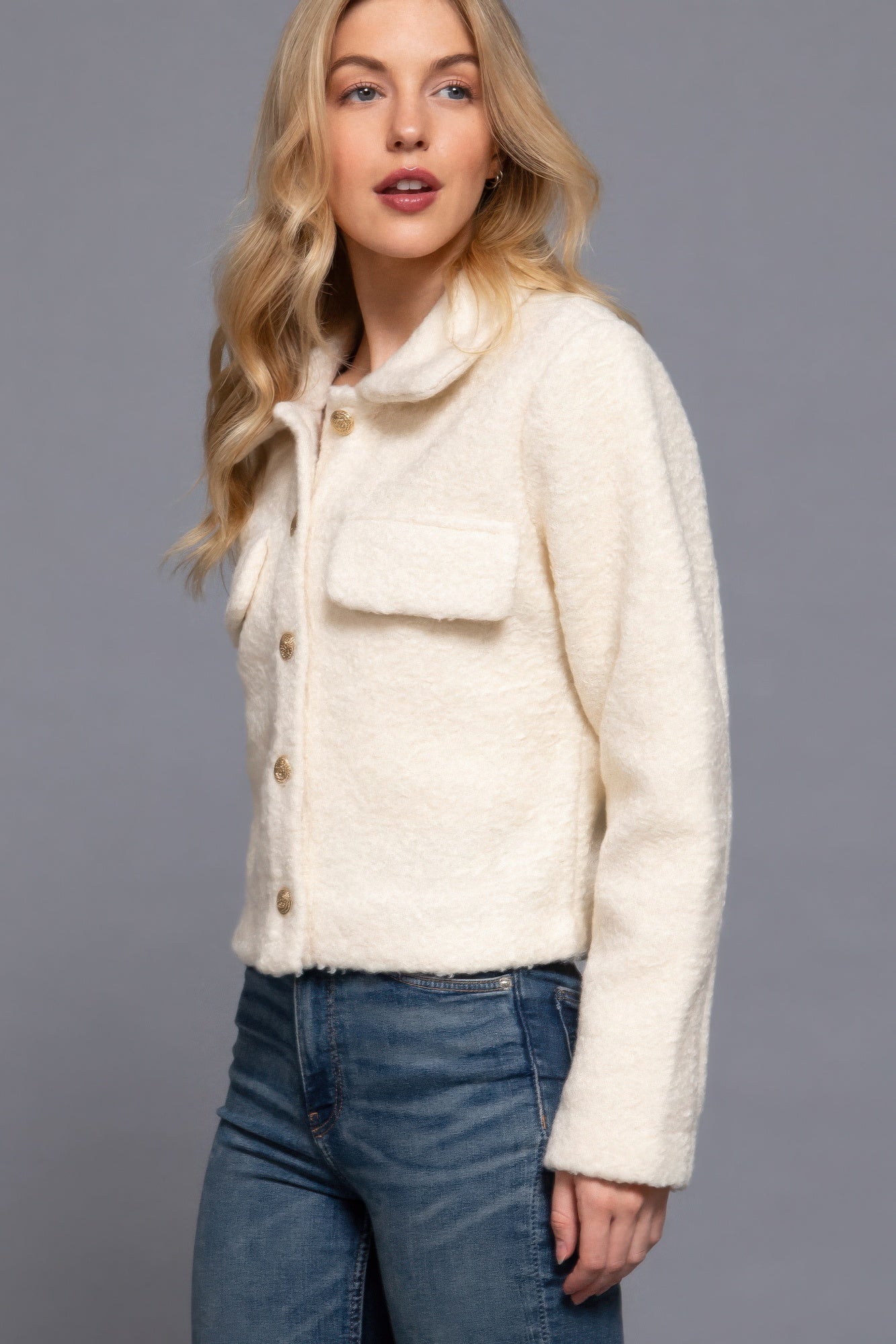 Long Slv Teddy Fleece Short Jacket - Tigbul's Variety Fashion Shop