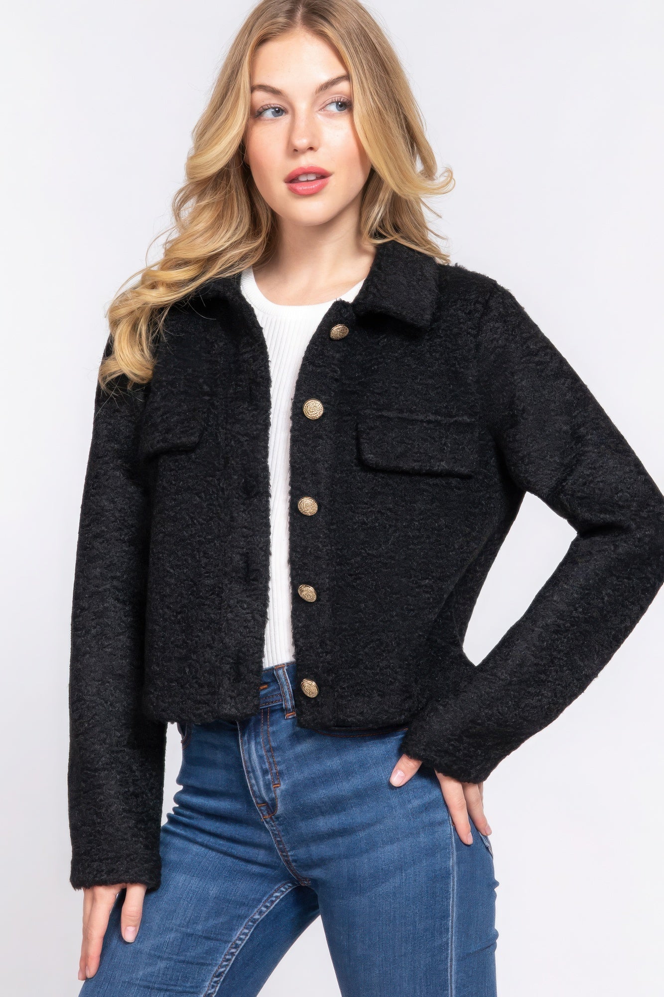 Long Slv Teddy Fleece Short Jacket - Tigbul's Variety Fashion Shop