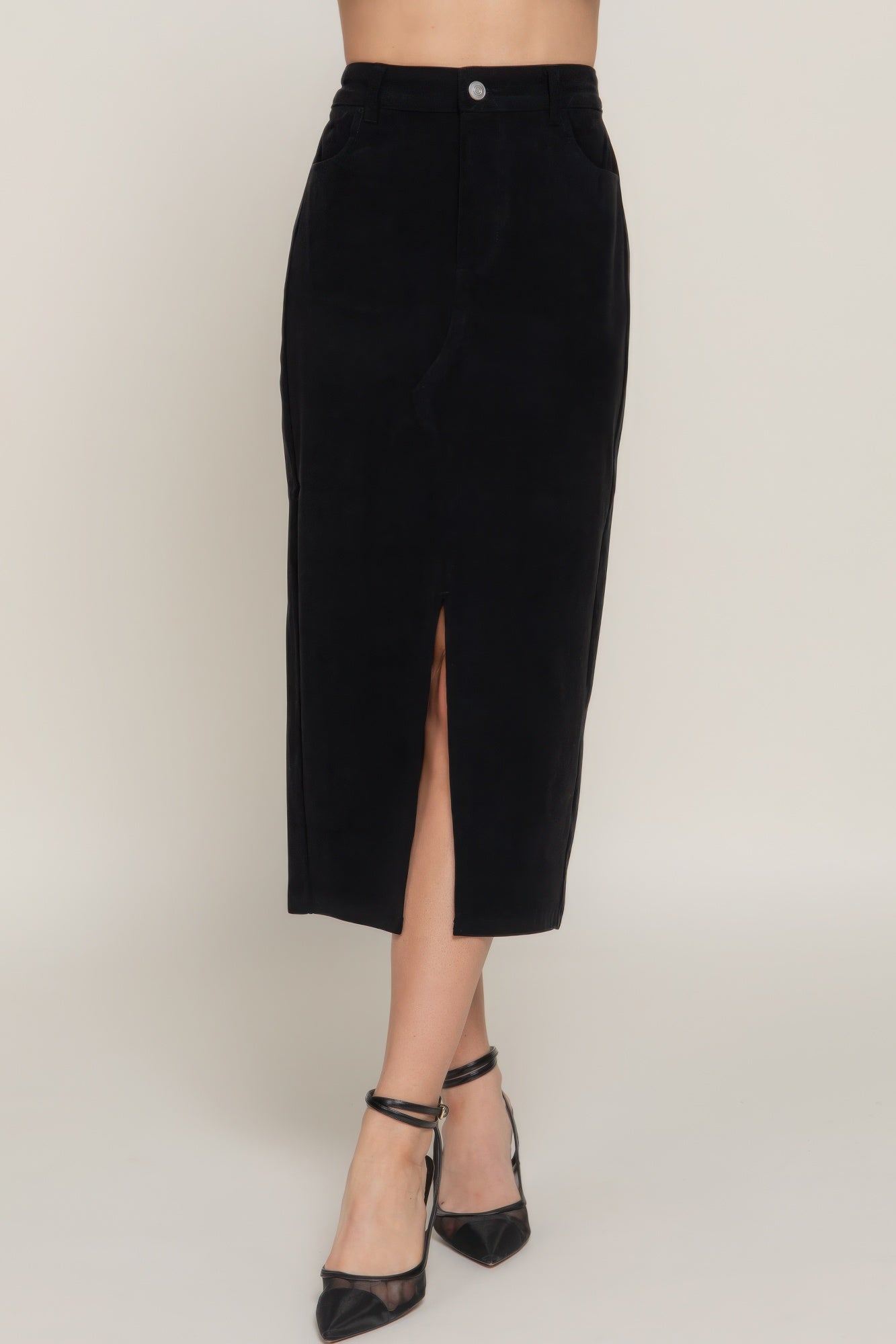 Front Open Slit Corduroy Midi Skirt in Brown or Black - Tigbul's Variety Fashion Shop