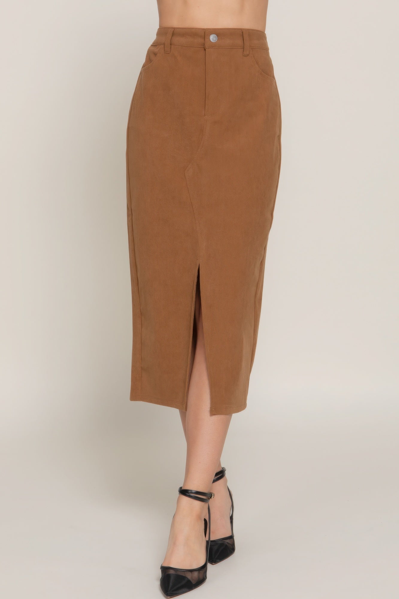 Front Open Slit Corduroy Midi Skirt in Brown or Black - Tigbul's Variety Fashion Shop