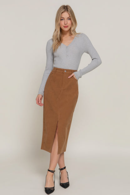 Front Open Slit Corduroy Midi Skirt in Brown or Black - Tigbul's Variety Fashion Shop