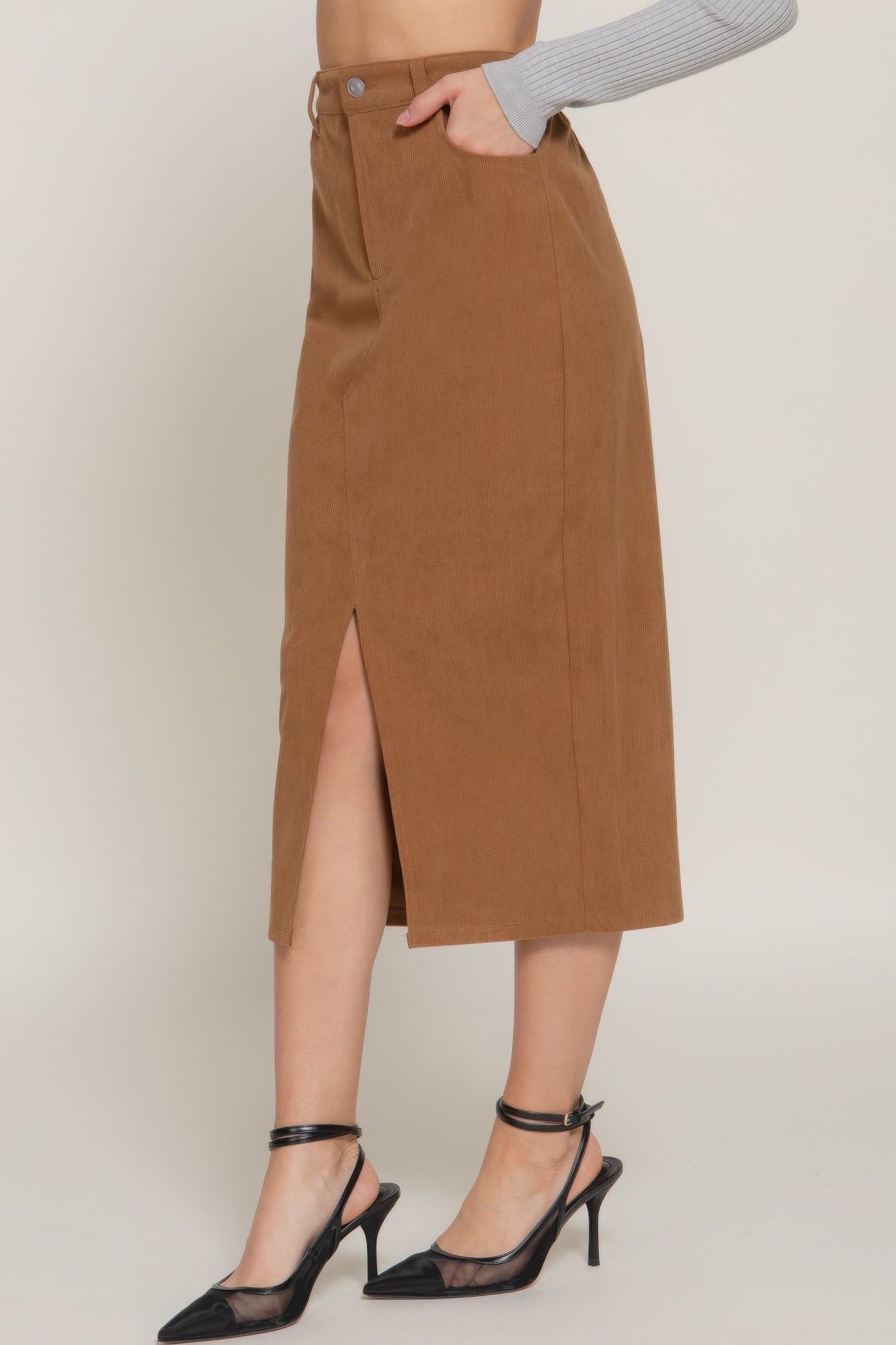 Front Open Slit Corduroy Midi Skirt in Brown or Black - Tigbul's Variety Fashion Shop