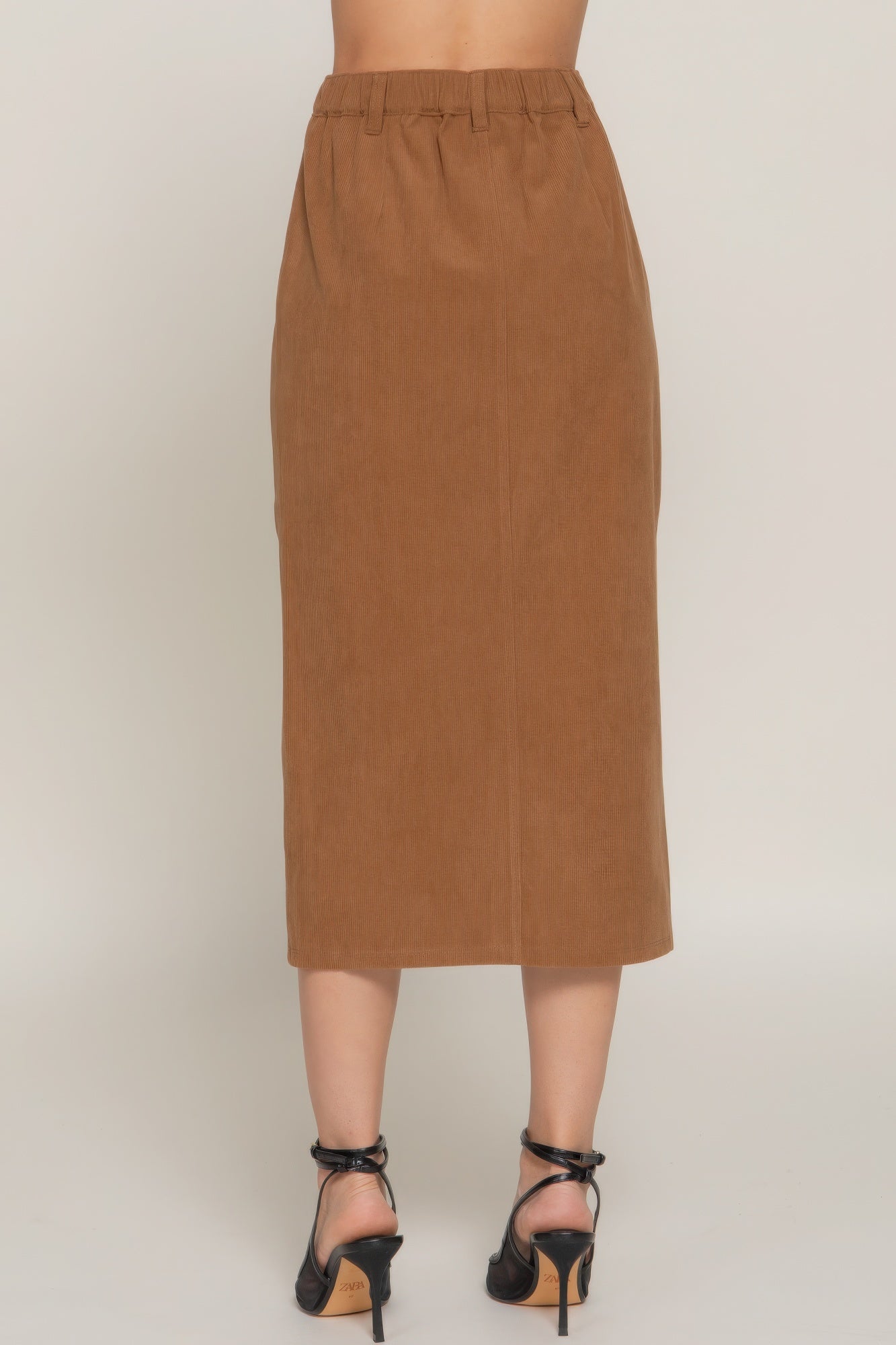 Front Open Slit Corduroy Midi Skirt in Brown or Black - Tigbul's Variety Fashion Shop