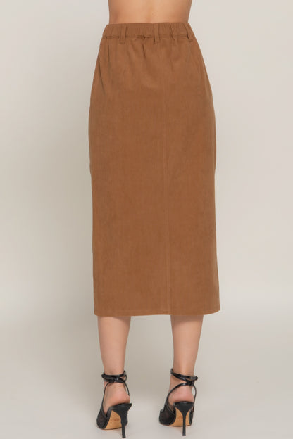 Front Open Slit Corduroy Midi Skirt in Brown or Black - Tigbul's Variety Fashion Shop