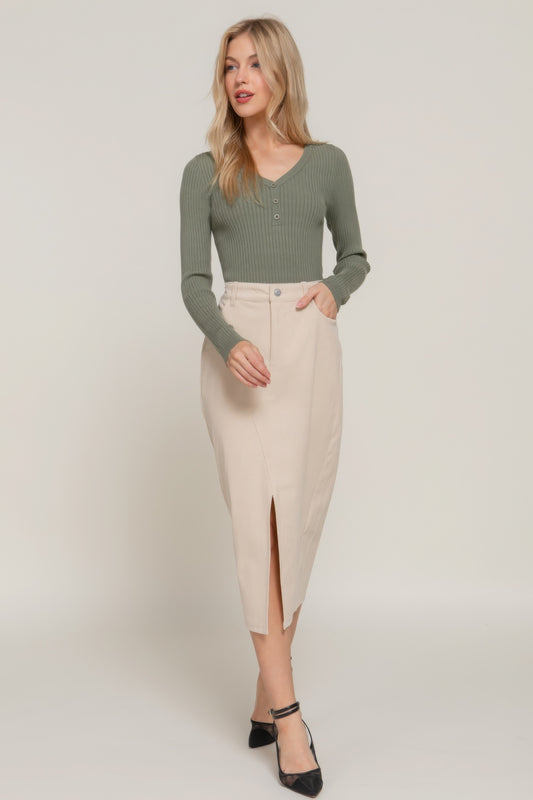 Front Open Slit Corduroy Midi Skirt in Green or Cream - Tigbul's Variety Fashion Shop