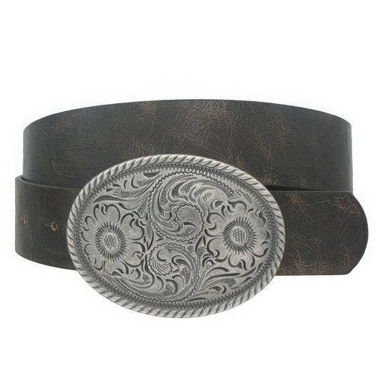 Flower Embossed Oval Buckle Vintage Strap Belt - Tigbul's Variety Fashion Shop