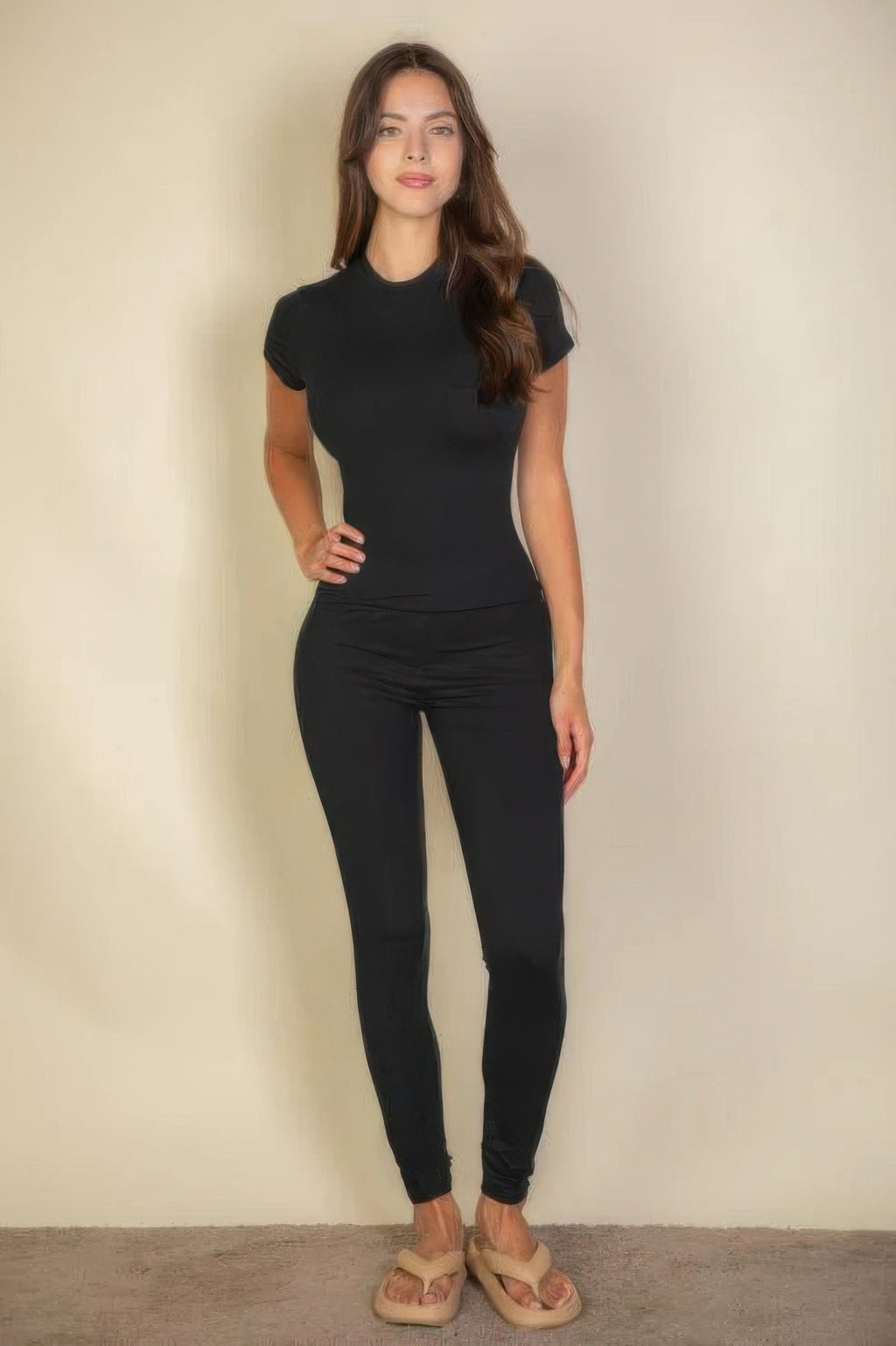 Basic Solid Leggings, schwarz, Frontansicht, eng anliegend, bis zum Knöchel