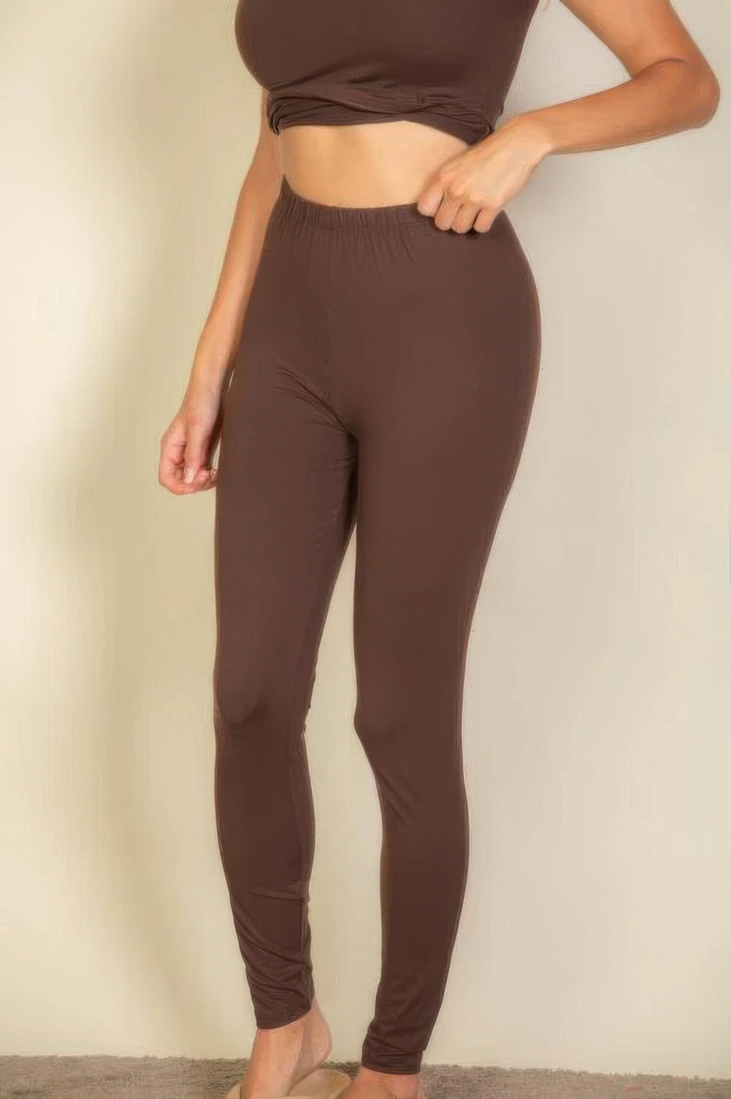 Basic Solid Leggings in Coffee brown, full-length with gathered waist